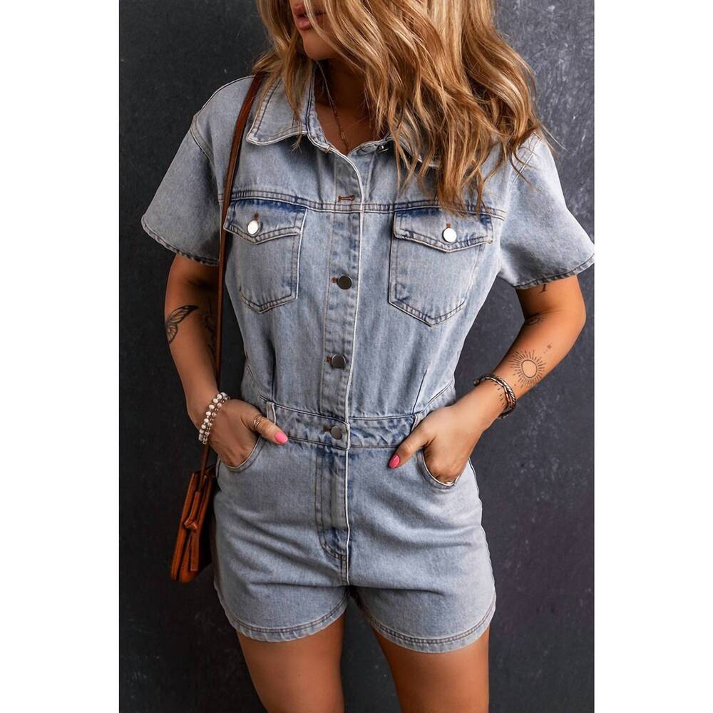 NEW AAPPARELLA texas short sleeve denim romper in vintage wash